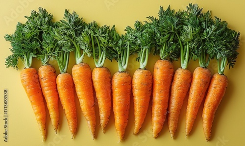 Fresh carrots arranged in a row against a yellow background