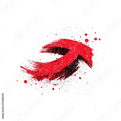 Abstract red arrow formed from textured brushstrokes, splattered with paint, on a white background