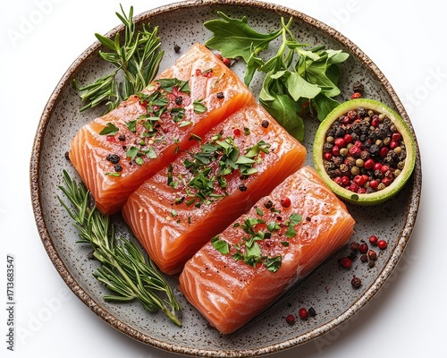 Fresh salmon fillets with herbs and spices on a plate (1)