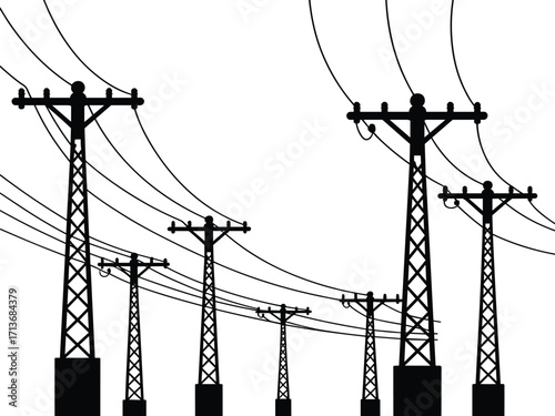 Electrical transmission poles silhouette with blue power lines, energy infrastructure, utility grid, electricity distribution, engineering design, cable tension, industrial network