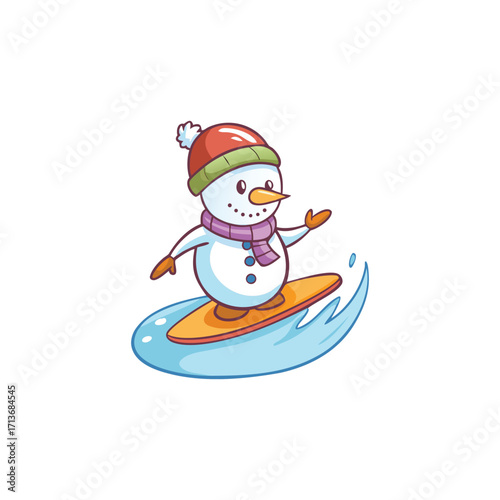 Cute snowman surfing on a snowboard in the snow