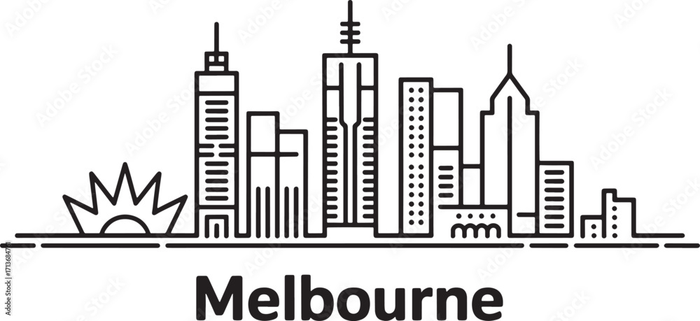 Fototapeta premium Melbourne Skyline Silhouette Vector Illustration with Cityscape Outline and Sunrise Graphic