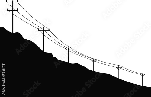 Utility poles on sloped hillside, power lines descending terrain, rural electricity infrastructure, black silhouette hill, energy distribution network, countryside