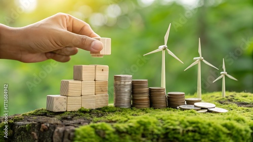 Hand building blocks and coins with wind turbines in green nature background