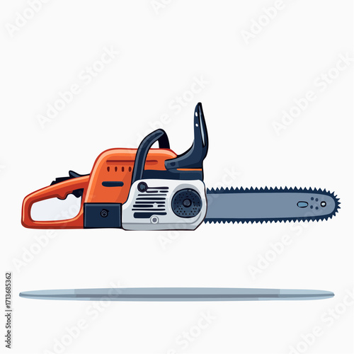 Illustration depicts an orange and gray chainsaw with a matching file, isolated on white.