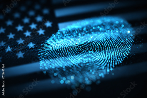 Biometric fingerprint scanner illuminated in blue over American flag, symbolizing identity security and privacy protection in the USA