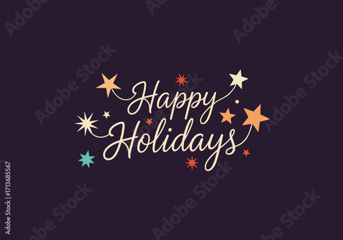 Happy holidays decorated with stars and twinkling lights on a dark background.