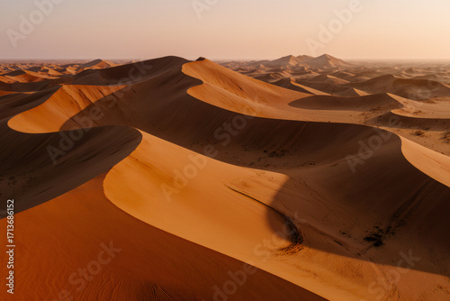 Tableau sur toile Photograph of a vast desert landscape with rolling, sunlit sand dunes in shades of orange and brown, under a hazy sky