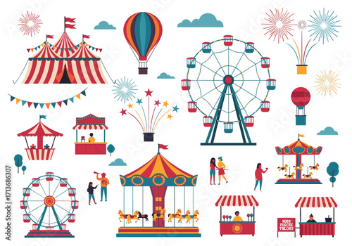 A colorful collection of amusement park rides and attractions including a Ferris wheel and carousel.