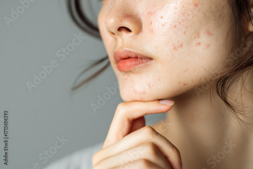 Woman's face with visible spots and uneven complexion