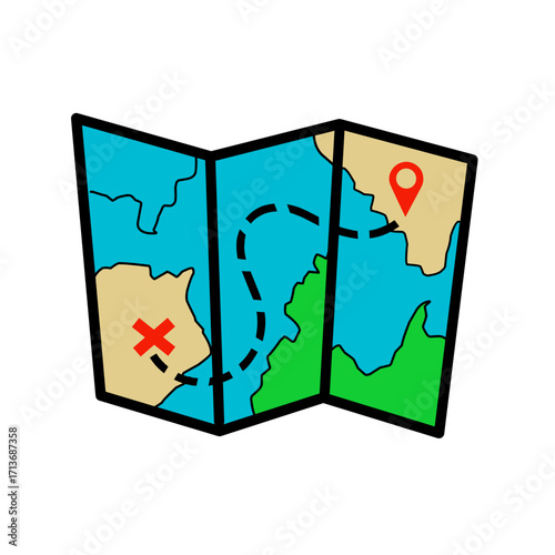 map paper illustration. navigation map icon. map paper folding vector. travel route on map. map icon in full color.