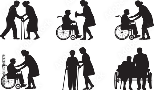 Silhouette Illustrations of Caregivers Assisting Seniors with Mobility and Daily Living Activities