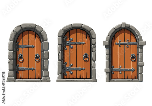 Three arched wooden doors with stone frames and metal hardware for a fantasy setting.