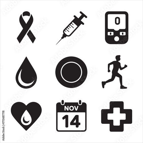 world diabetes day vactor art icon pack silhouette icon set vector banner bandle black and white backgrount