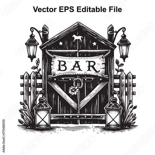Vector art of vintage wooden bar entrance with lanterns and fence