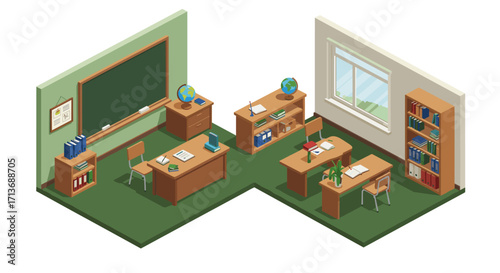 Cozy isometric classroom interior design with desks and bookshelves