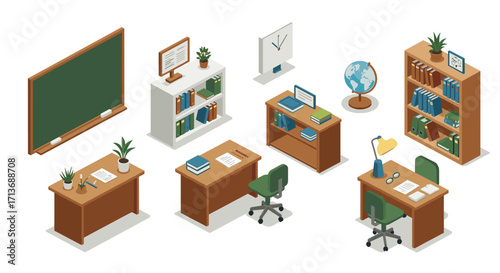 Modern isometric classroom interior with desks, bookshelves, and office equipment