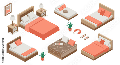 Isometric bedroom furniture collection with beds and accessories in minimalist style