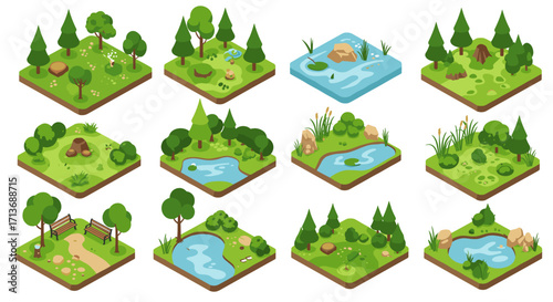 Isometric nature scene collection featuring forests, lakes, and trails