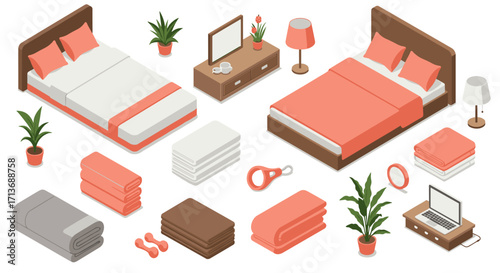 Modern bedroom elements in isometric design with decor and essentials