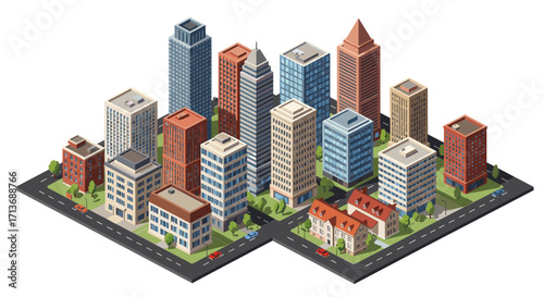 Isometric cityscape with modern skyscrapers and streets
