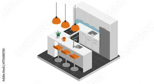 Isometric modern kitchen design with bar stools and pendant lights