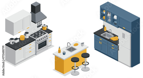 Isometric kitchen interior design with modern cabinets, stove, and island