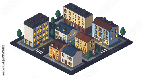 Cozy isometric urban neighborhood with apartment buildings and trees at night