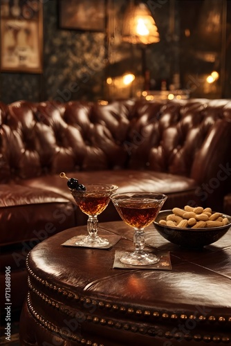 A leather sofa, drinks, and snacks on a coffee table in a dimly lit, cozy room.