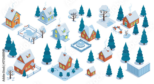 Winter village scene with snow-covered houses and pine trees in isometric style
