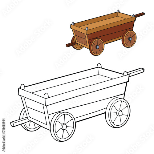 A charming wooden cart coloring page, featuring rustic details, sturdy wheels, and a vintage design—perfect for adding your own colorful, creative touch.
