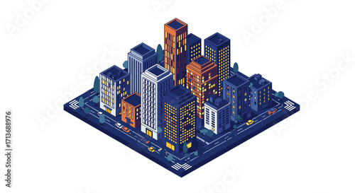 Isometric urban cityscape with skyscrapers and streets in night setting