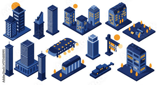 Isometric cityscape design with high-rise buildings and modern architecture