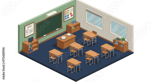 Isometric classroom interior with desks and blackboard in modern school setting
