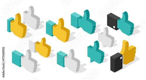 Isometric thumbs up icons in multiple colors with unique black and white variation