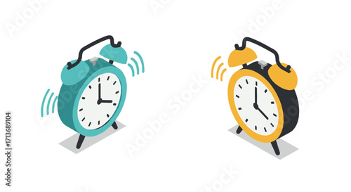 Colorful isometric alarm clocks with vibrating bells on white background
