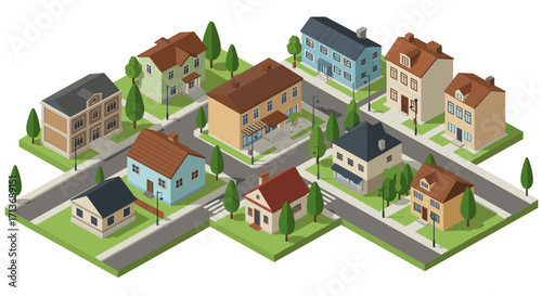 Charming isometric neighborhood with colorful houses and trees
