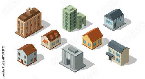 Diverse isometric buildings collection: residential and commercial structures