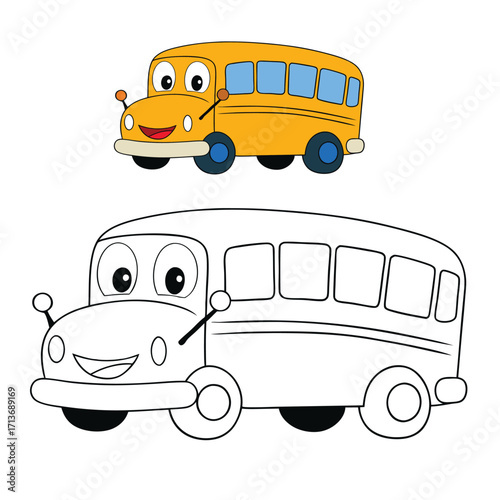 A cheerful cartoon school bus with big friendly eyes, smiling front, and kids inside, ready for a fun ride—perfect for a playful, easy-to-color page.
