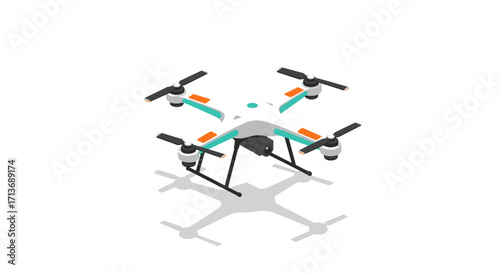 Isometric drone design with rotating blades and camera on white background