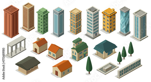 Isometric buildings and houses collection: urban and residential architecture