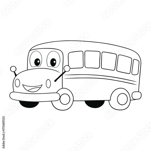 A cheerful cartoon school bus with big friendly eyes, smiling front, and kids inside, ready for a fun ride—perfect for a playful, easy-to-color page.
