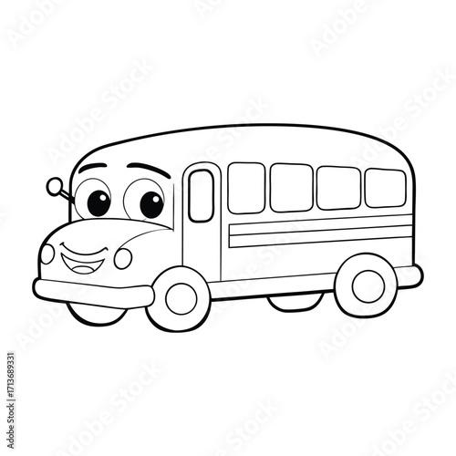 A cheerful cartoon school bus with big friendly eyes, smiling front, and kids inside, ready for a fun ride—perfect for a playful, easy-to-color page.
