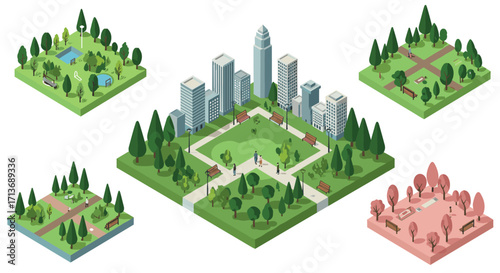 Isometric urban parks with green spaces and cityscape in autumn and summer