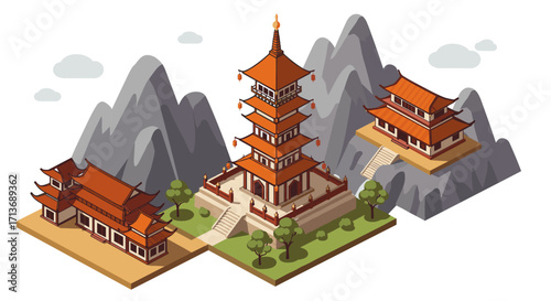 Traditional asian pagoda and temple complex amidst mountainous landscape