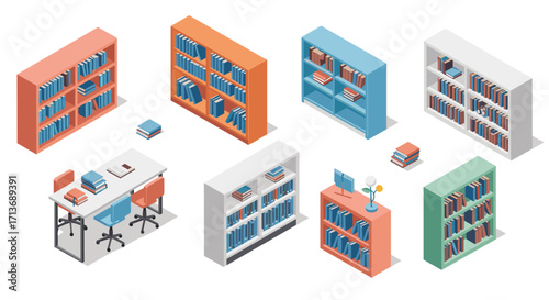 Isometric library interior with bookshelves and reading desk