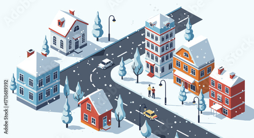 Winter townscape with snow-covered houses and streets in isometric view