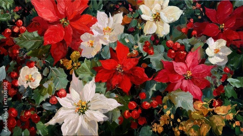 Vibrant red and white poinsettias bloom amidst lush greenery and bright berries, creating festive and cheerful atmosphere perfect for holiday season