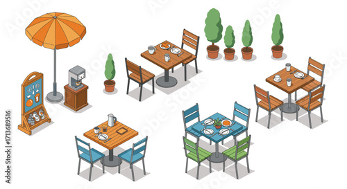 Outdoor cafe scene with umbrella and tables in isometric style