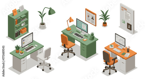Modern isometric office workspace with desks and plants